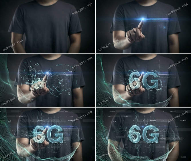 男子触摸屏幕后出现全息数字科技6G字幕的特效视频素材-创富院