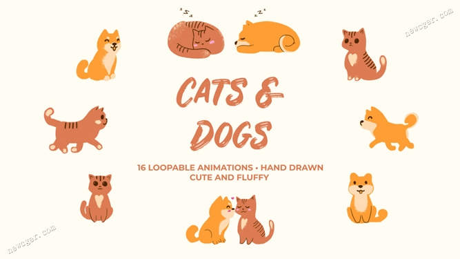 16个可爱的卡通手绘风格猫猫和狗狗循环动画视频素材-影创院