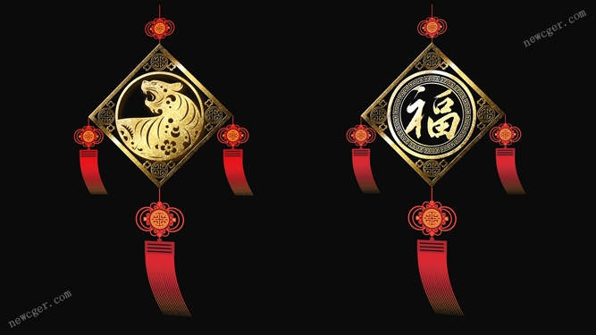 中国新年金色虎年和福字的中国结挂饰视频素材-影创院