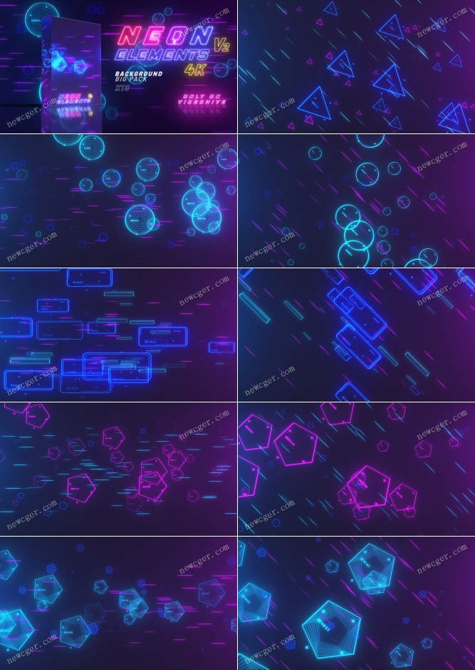 10组由抽象形状图形组成的霓虹灯循环背景视频素材-影创院