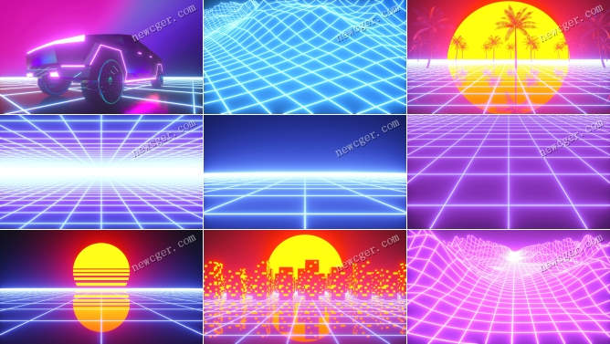 80/90年代Retrowave复古蒸汽波抽象艺术背景循环视频素材，含9款-创富院