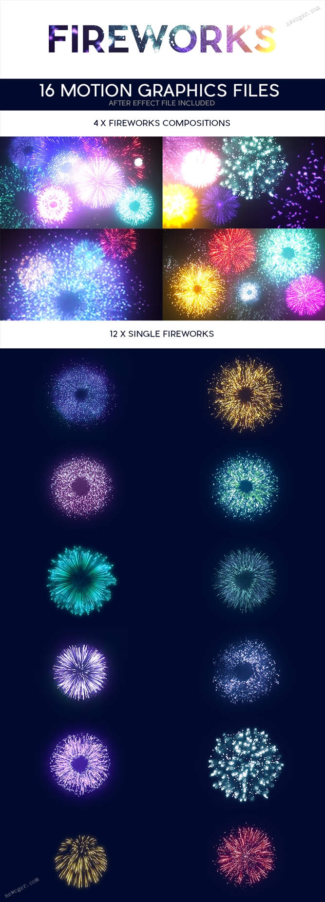 12款灿烂绚丽的烟花绽放视频素材，可组合，附aep项目文件-影创院