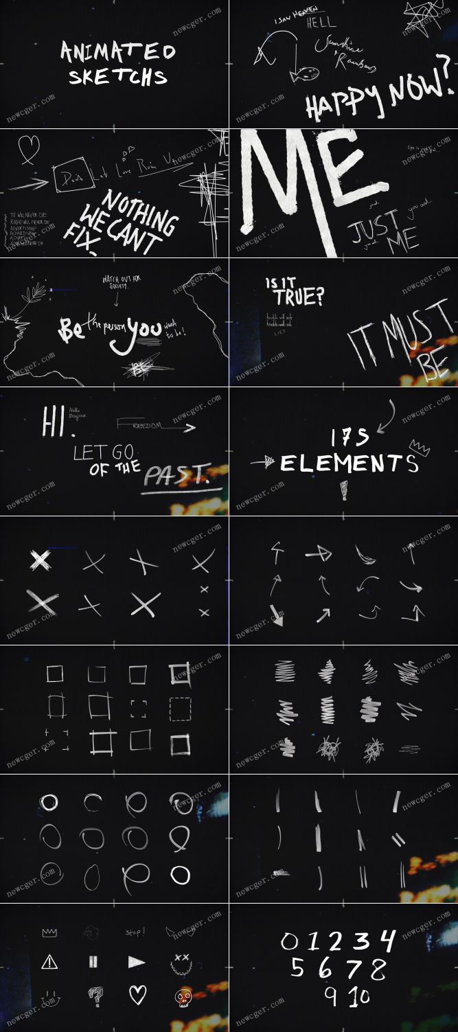 175个带通道的4K级手绘素描涂鸦动画元素视频素材-创富院