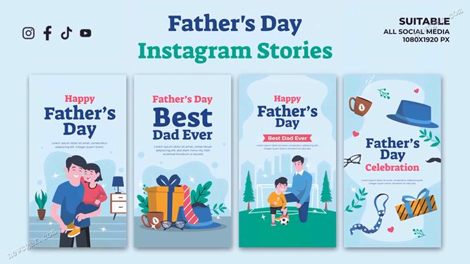 4款卡通父亲节主题的Instagram Stories竖版动画样机AE模板-创富院