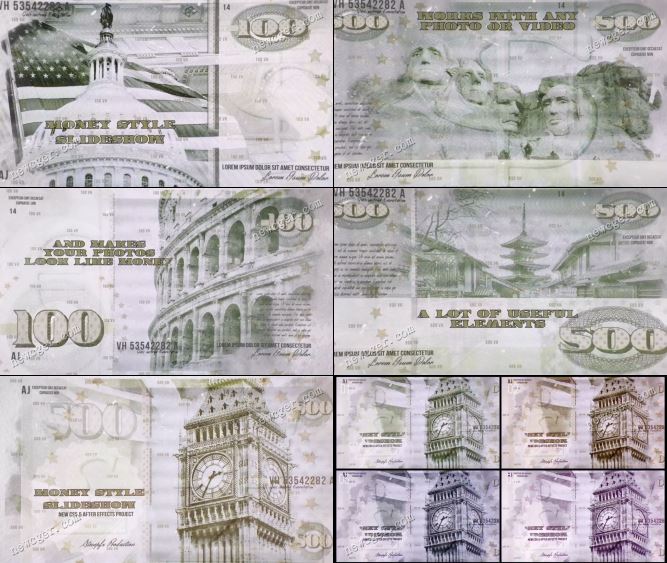 模拟钞票纸币画面样式的幻灯片展示AE模板-创富院