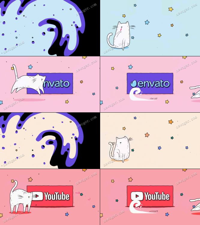 可爱卡通猫咪logo标志开场小动画AE模板-创富院