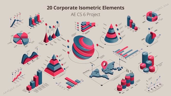 20个Isometric等距视角样式的企业数据图表元素AE模板-创富院