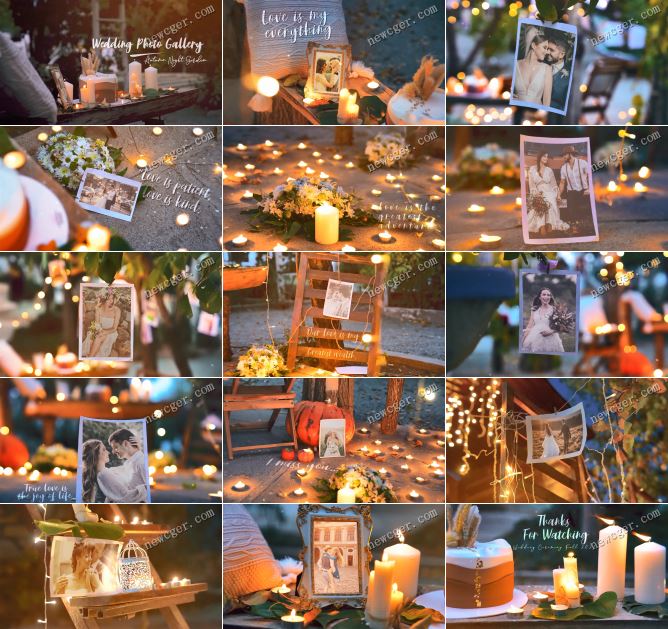 秋之夜花园里唯美甜蜜的婚礼照片展示AE模板-创富院