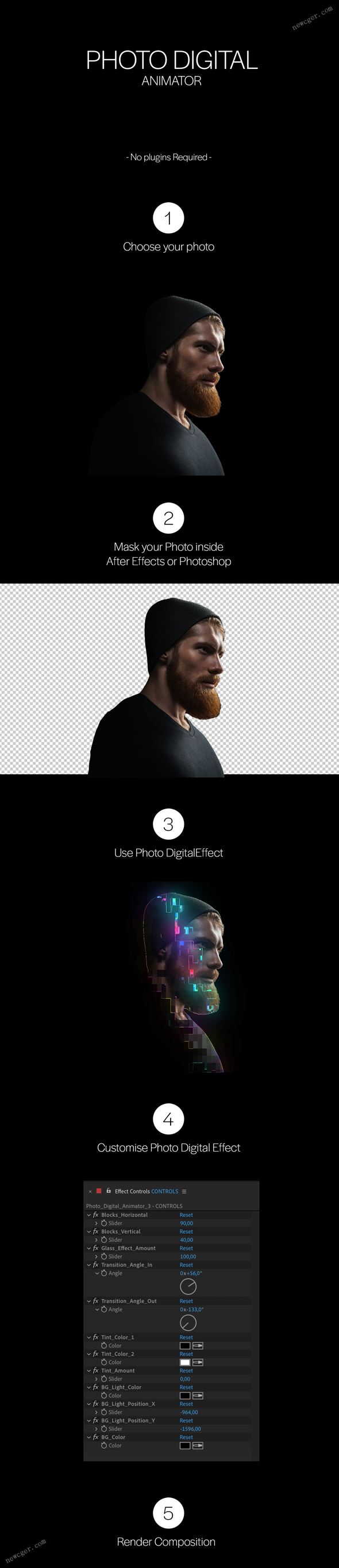随绚丽数字马赛克揭示显现的图像特效动画创建器AE模板-创富院