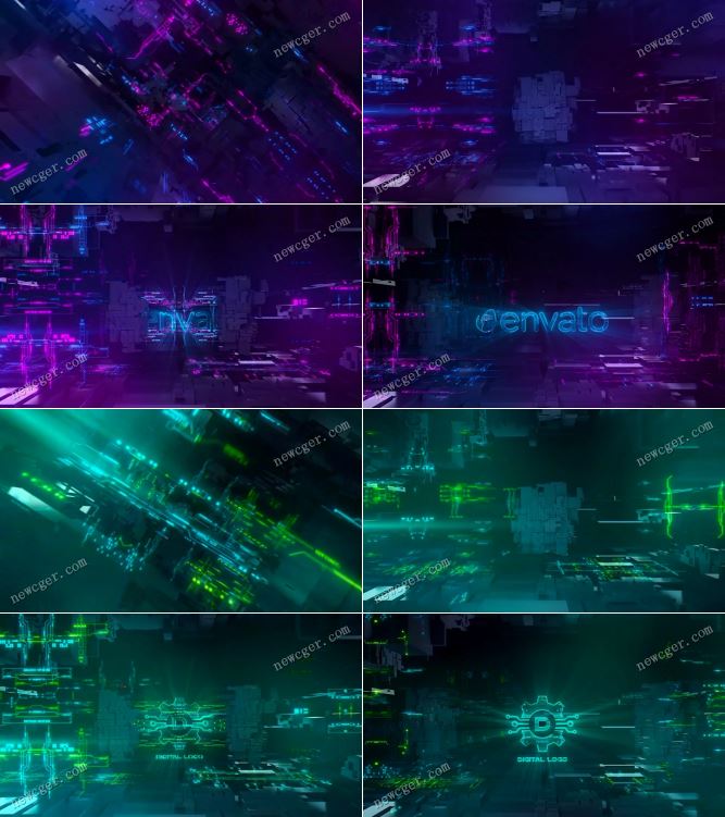 在发光霓虹灯数字空间中出现的科技标志AE模板-影创院