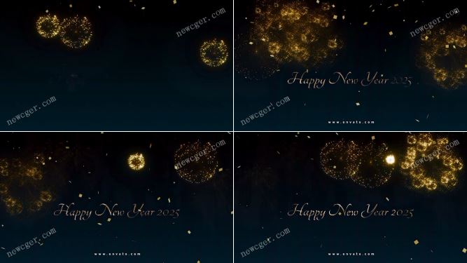金色礼花绽放的2025新年快乐开场AE模板-创富院