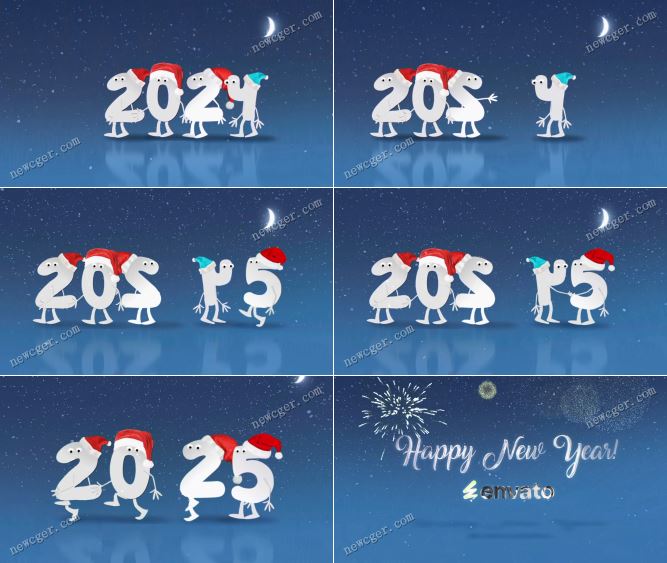 数字小人向2024告别并迎来2025的可爱卡通开场动画AE模板-影创院