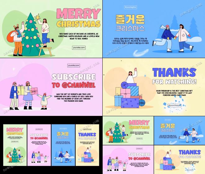 4组可爱卡通插画风格的圣诞节海报场景AE模板，横竖2版入-创富院