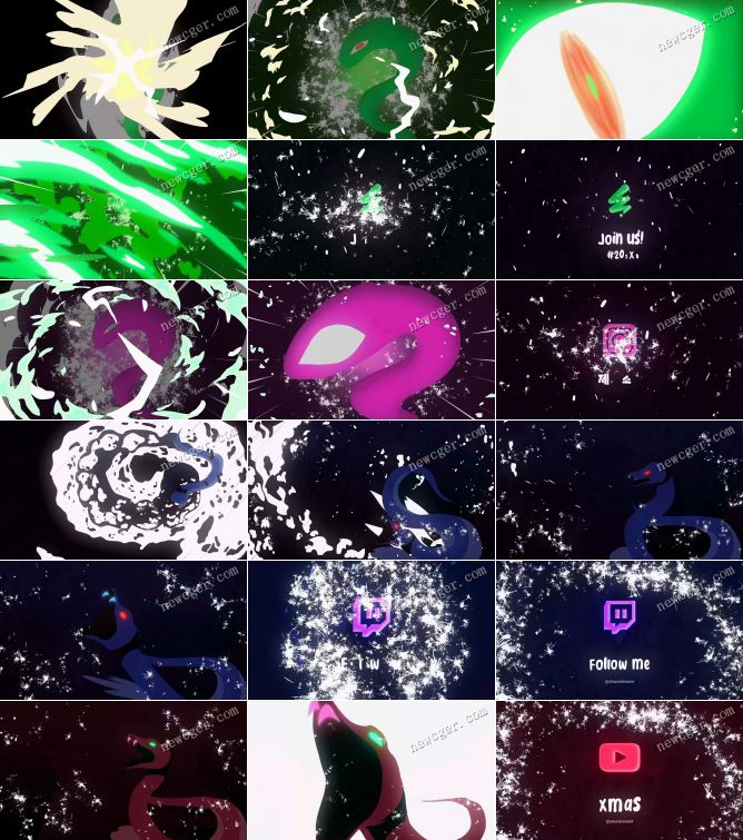手绘卡通蛇的震撼logo开场特效AE模板，含2款-影创院