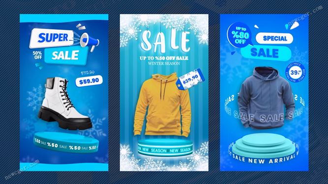 3款冬季商品促销主题的竖版海报动画设计AE模板-创富院