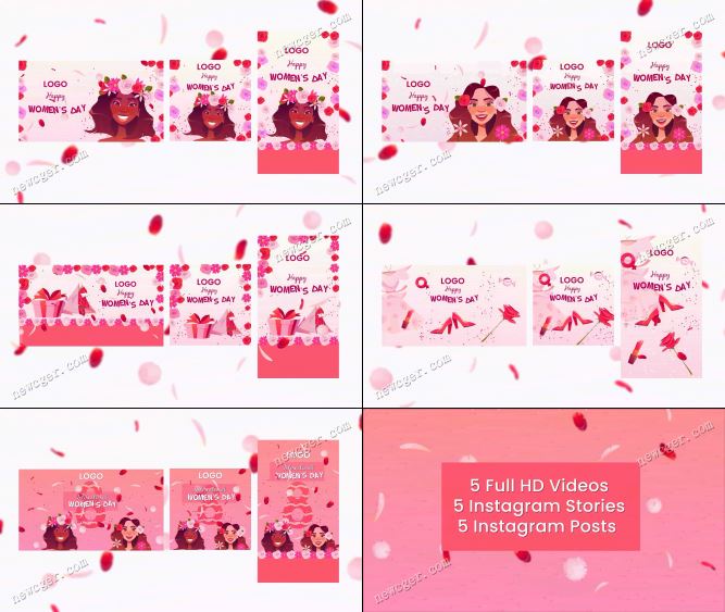 5款粉色甜蜜的38妇女节海报动画设计AE模板，含3种尺寸-影创院