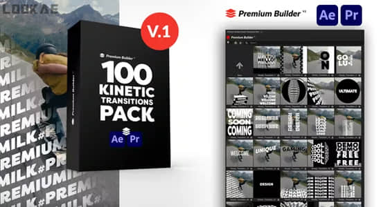 AE/PR脚本-100组创意动态文字标题排版转场过渡预设 Kinetic Transitions Pack-影创院