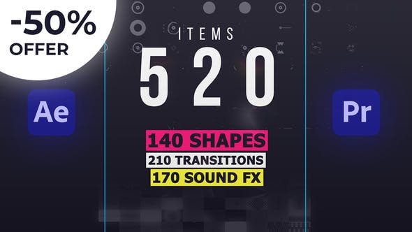 AE/PR脚本-520个基本图形MG动画元素转场音效预设包Shape Elements Library-影创院