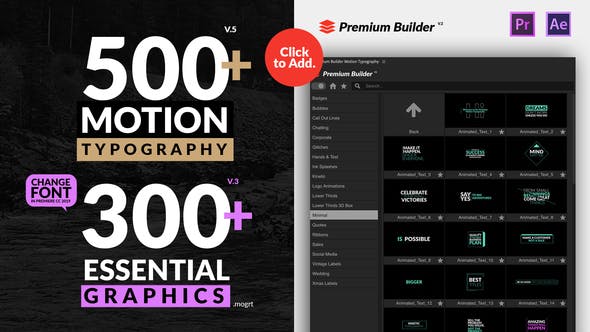 AE/PR脚本模板-500种现代时尚创意设计商务婚礼文字标题预设 Motion Typography Essential Graphics V5-影创院
