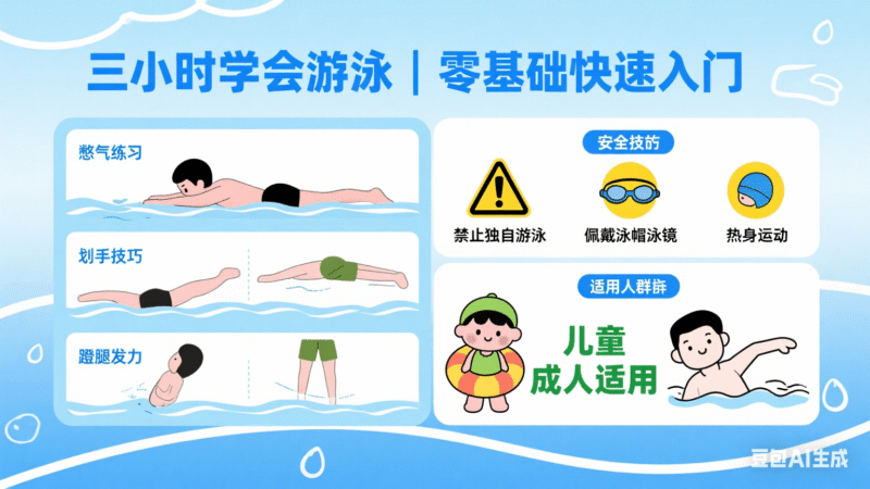 三小时学会游泳｜零基础快速入门（分步教学+安全技巧+儿童 成人适用）-创富院