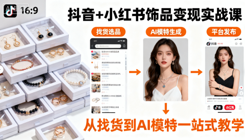 抖音+小红书饰品变现实战课：从找货到AI模特一站式教学-创富院