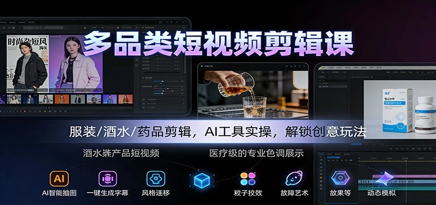【精】多品类短视频剪辑课：服装/酒水/药品剪辑，AI工具实操，解锁创意玩法-创富院