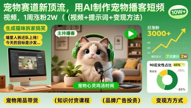 宠物赛道新顶流，用AI制作宠物播客短视频，1周涨粉2W（视频+提示词+变现方法）-创富院