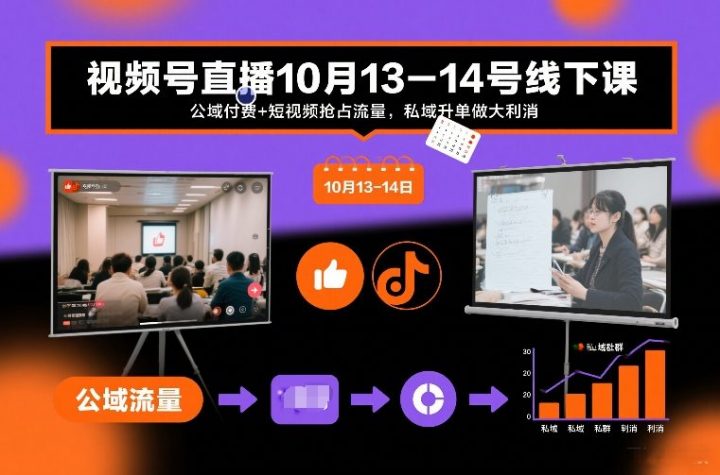 视频号直播10月13-14号线下课,公域付费+短视频抢占流量,私域升单做大利消-创富院