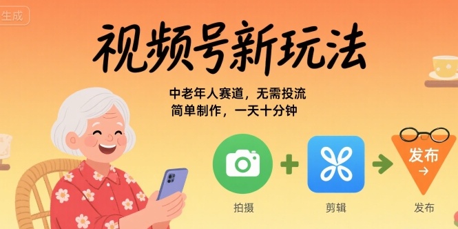 视频号新玩法，中老年人赛道，无需投流，简单制作，一天十分钟，月入1W-创富院