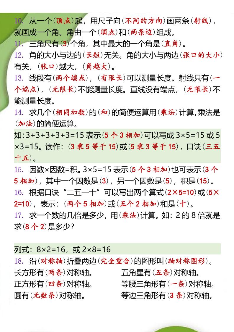 【2025秋新版】二年级数学上册必背概念填空-创富院