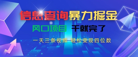 信息查询暴力掘金，一天三条视频，轻松变现四位数，风口项目干就完了【揭秘】-创富院