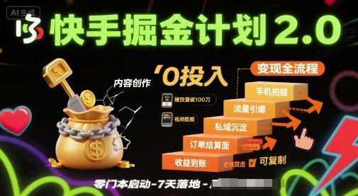 快手掘金计划2.0，快手电商变现全流程，简单可复制，0投入-创富院