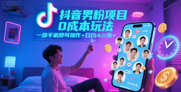 抖音男粉项目0成本玩法，一部手机即可操作，日均4张+，时间自由-创富院
