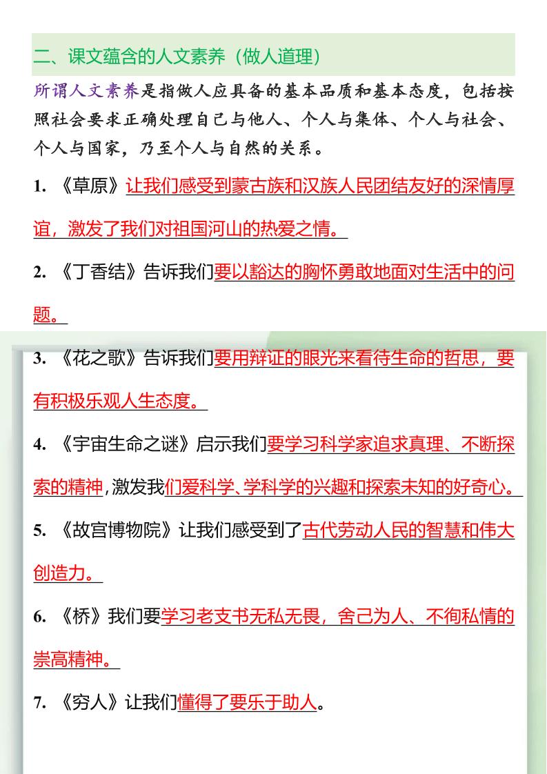 【2025秋新版】五升六重点课文人物事物特点+做人道理-六上语文-创富院