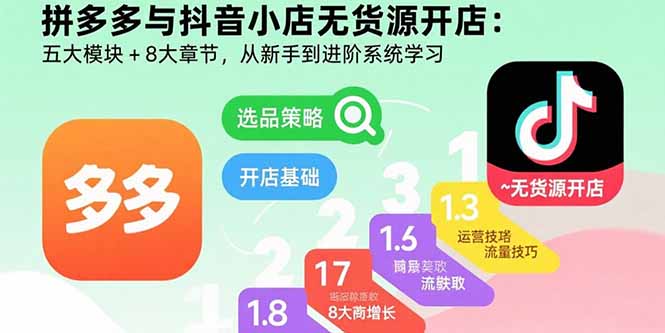 拼多多与抖音小店无货源开店：五大模块+8大章节，从新手到进阶系统学习-创富院