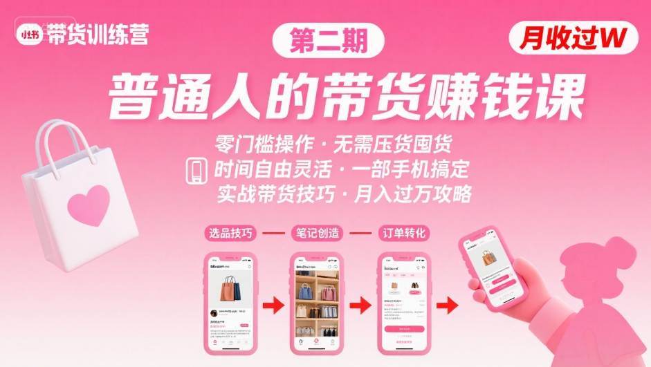 小红书带货第二期训练营，普通人月收过W的带货课，时间自由，零门槛无压货，一部手机即可操作-创富院
