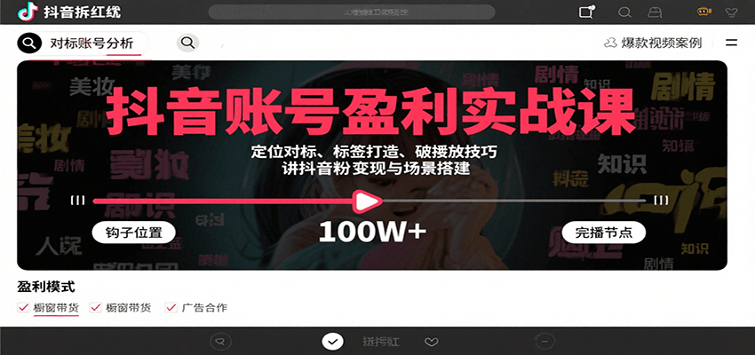 抖音账号盈利实战课，定位对标、标签打造、破播放技巧，讲涨粉变现与场景搭建-创富院