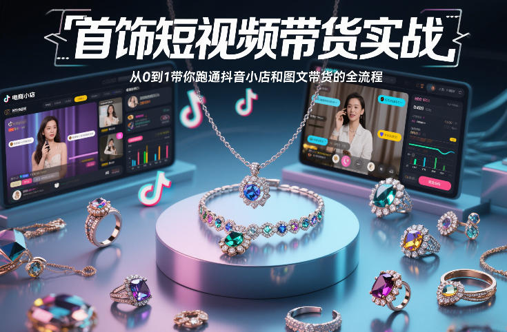 【精】首饰短视频带货实战，从0到1带你跑通抖音小店和图文带货的全流程-学必富副业创客网