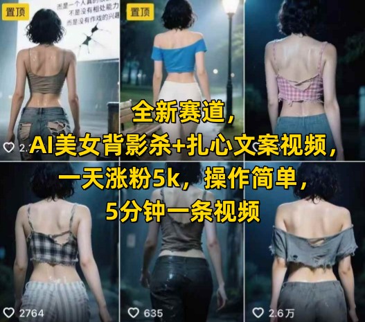 全新赛道，AI美女背影杀+扎心文案视频，一天涨粉5k，操作简单，5分钟一条视频-创富院