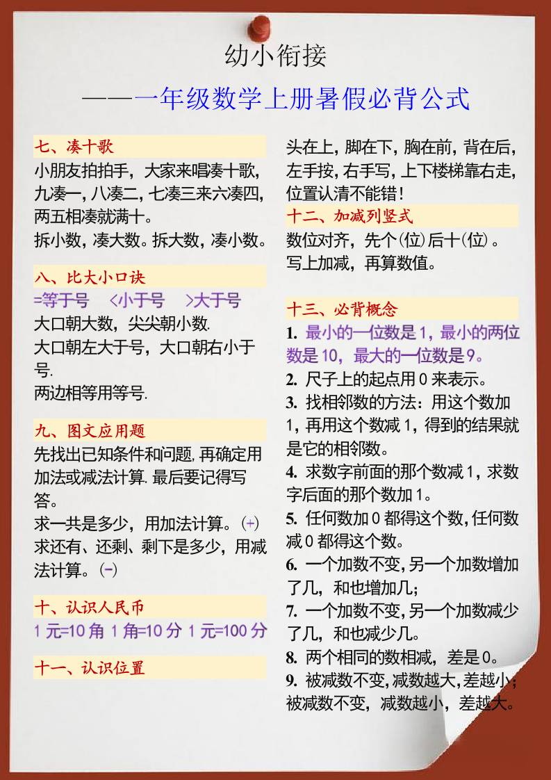 幼小衔接一年级数学上册暑假必背公式-创富院