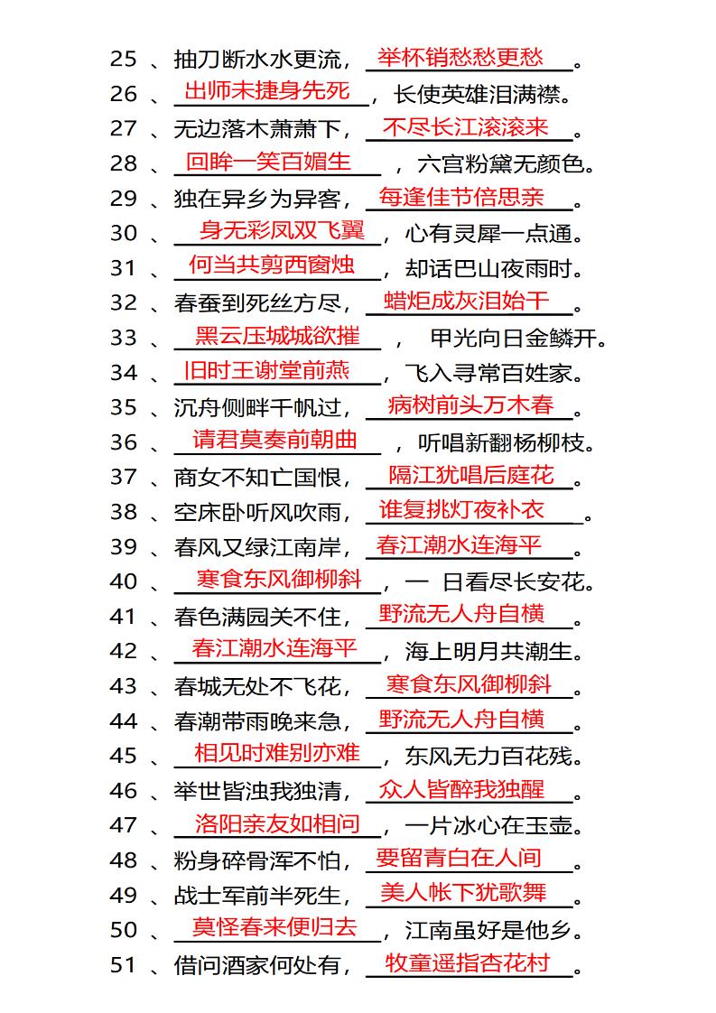 四年级下语文常考古诗词填空100题有答案-影创院