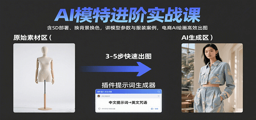 AI模特进阶实战课：含SD部署、换背景换色，讲模型参数与服装案例，电商AI绘画高效出图-创富院