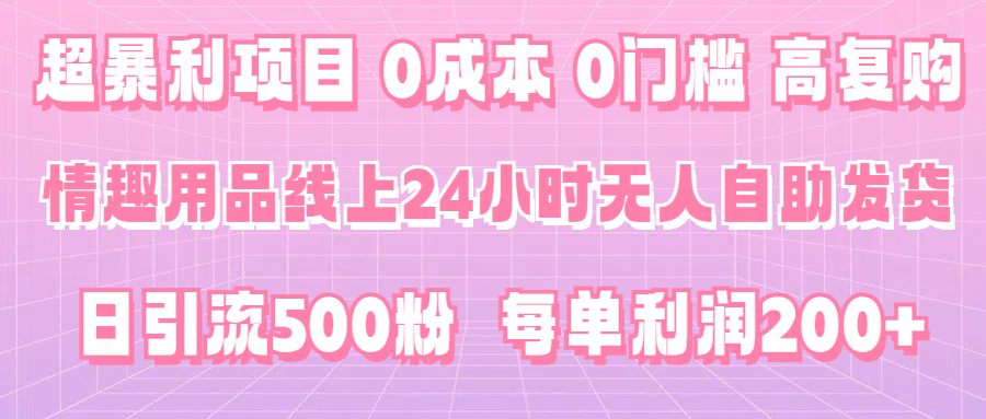 超暴利项目，情趣用品线上24小时-无人自助发货，0成本，0门槛，高复购，有手就能做，日引500粉，每单利润200+