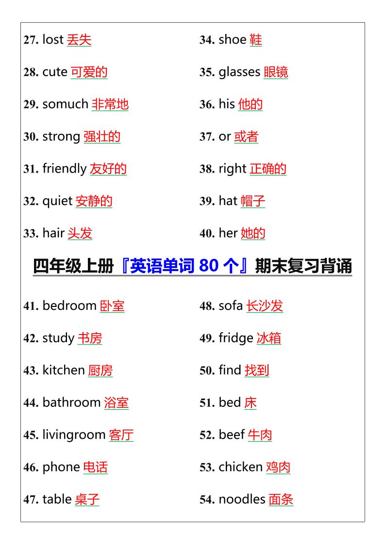 【2025秋新版】四年级上册『英语单词80个』期末复习背诵-创富院