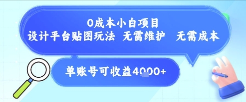 0成本小白项目，设计平台贴图玩法，无需维护，无需成本，单账号单月可产生收益4k+-创富院