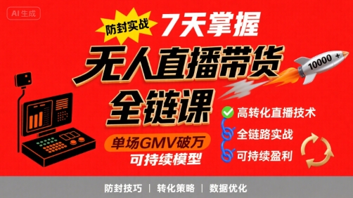 无人直播带货全链防封实战课，7天掌握高转化直播技术，实现单场GMV破万可持续模型-创富院
