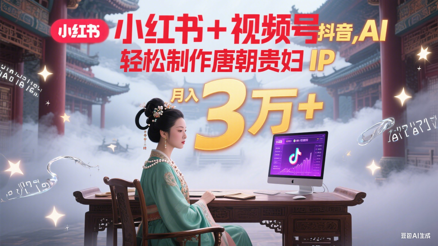 小红书+视频号+抖音，AI轻松制作唐朝贵妇IP，毒鸡汤、励志、减肥瘦身、养生赛道轻松切入，每天30分钟，轻松产出N条，月入3万+-创富院