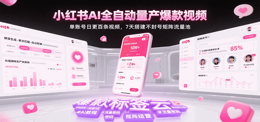 小红书AI全自动量产爆款视频，单账号日更百条视频，7天搭建不封号矩阵流量池-创富院