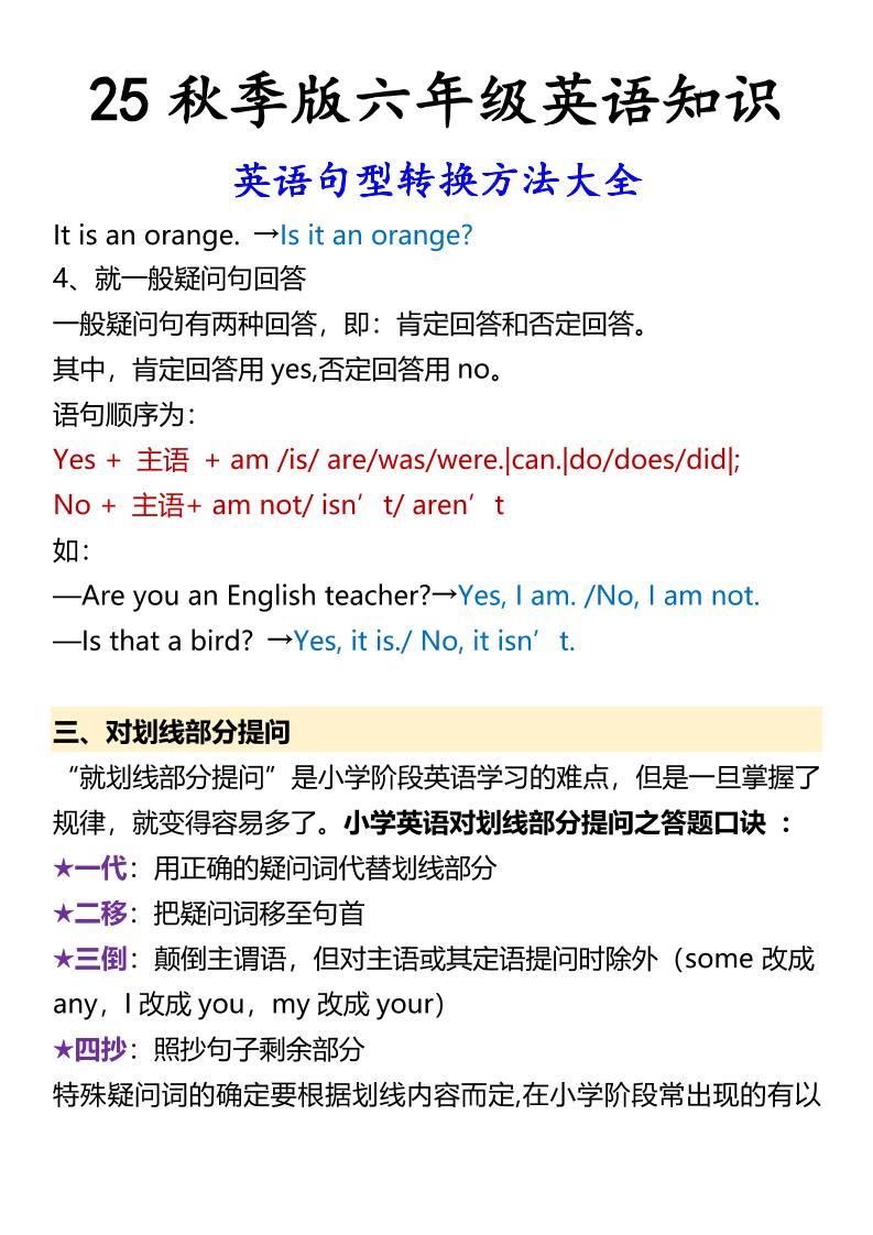 【2025秋新版】六年级上册英语英语句型转换方法大全-创富院