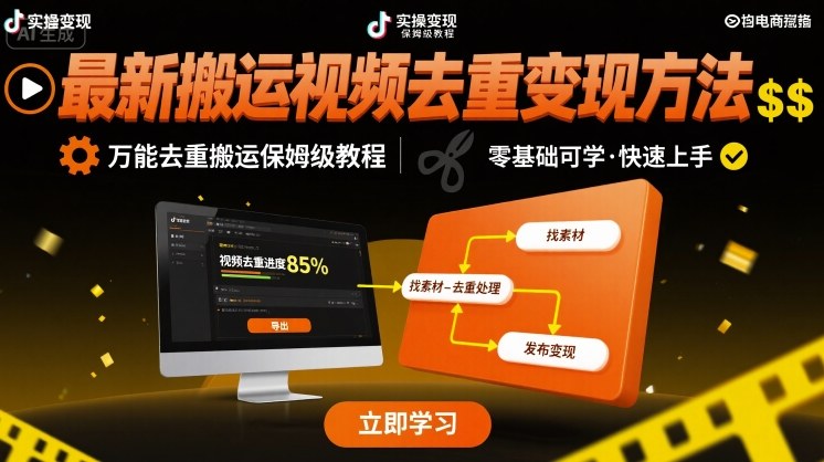 最新搬运视频去重变现方法，万能去重搬运保姆级教程-创富院
